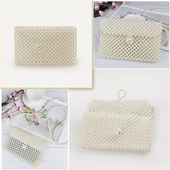 Handmade Pearl Beaded Clutch Purse Crossbody Shoulder Bag Wedding Evening - Picture 5 of 7